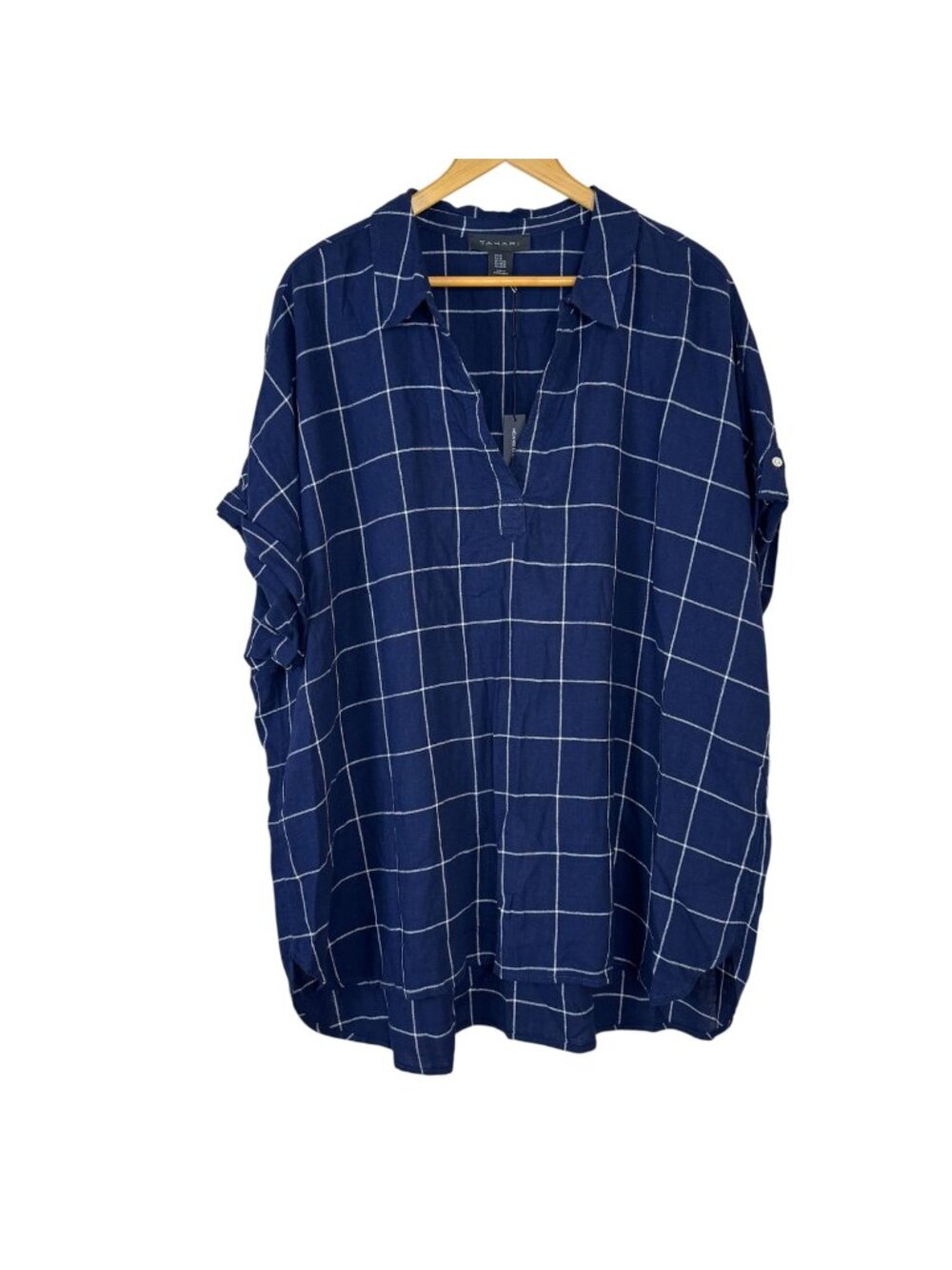 Tahari NEW Blue White Window Pane Plaid Tunic Top Size 2X Linen Blend Nautical